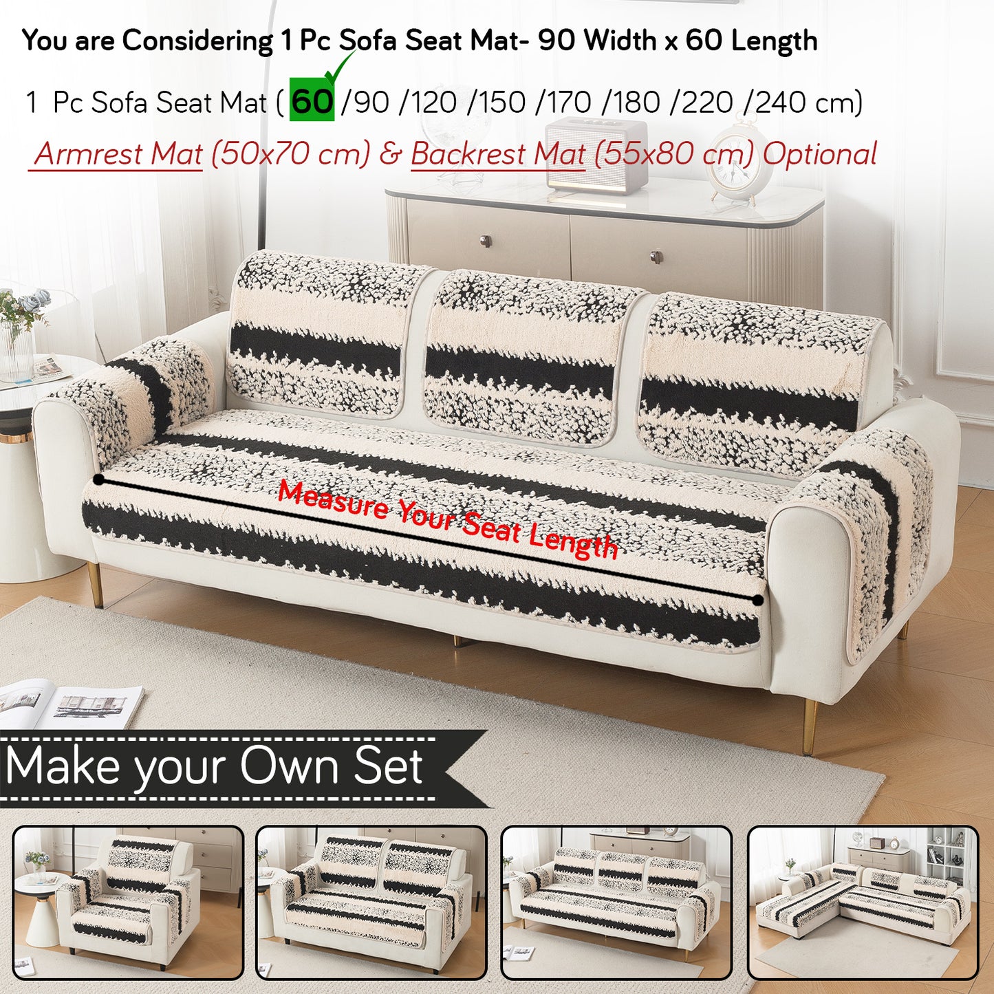 Luxury Plush Sherpa Anti-Slip Sofa Cover Mat, 'Noirea Series'| Textured Stripe