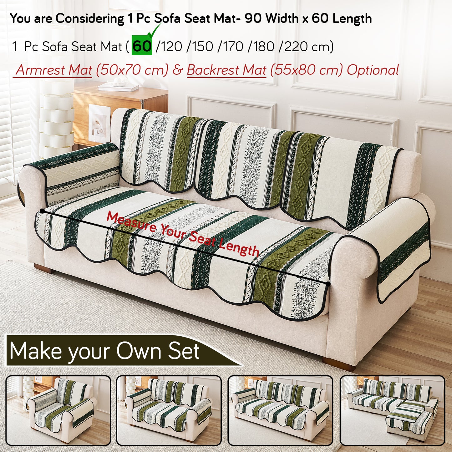 HOKIPO Boho Geometry Sofa Cover Mat|'Valenca Wavy Luxe Series' Moss Green