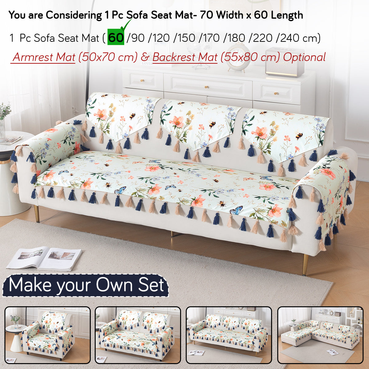 'Whispers of Nature' Series Holland Velvet Sofa Mat with Tassel, Pastel Butterfly Meadow