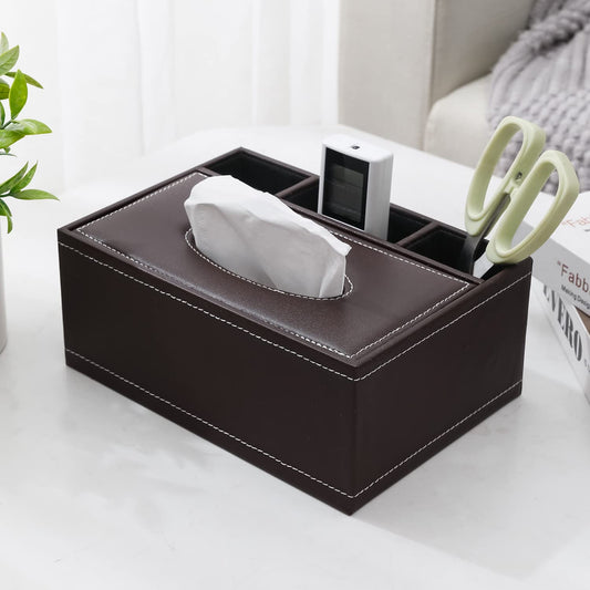 Brown Faux Leather Tissue Box with Desk Organizer