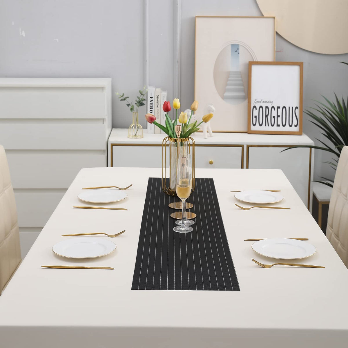 Buy Striped Black Colour PVC Dining Table Runner for 4 Seater Tables | HOKIPO