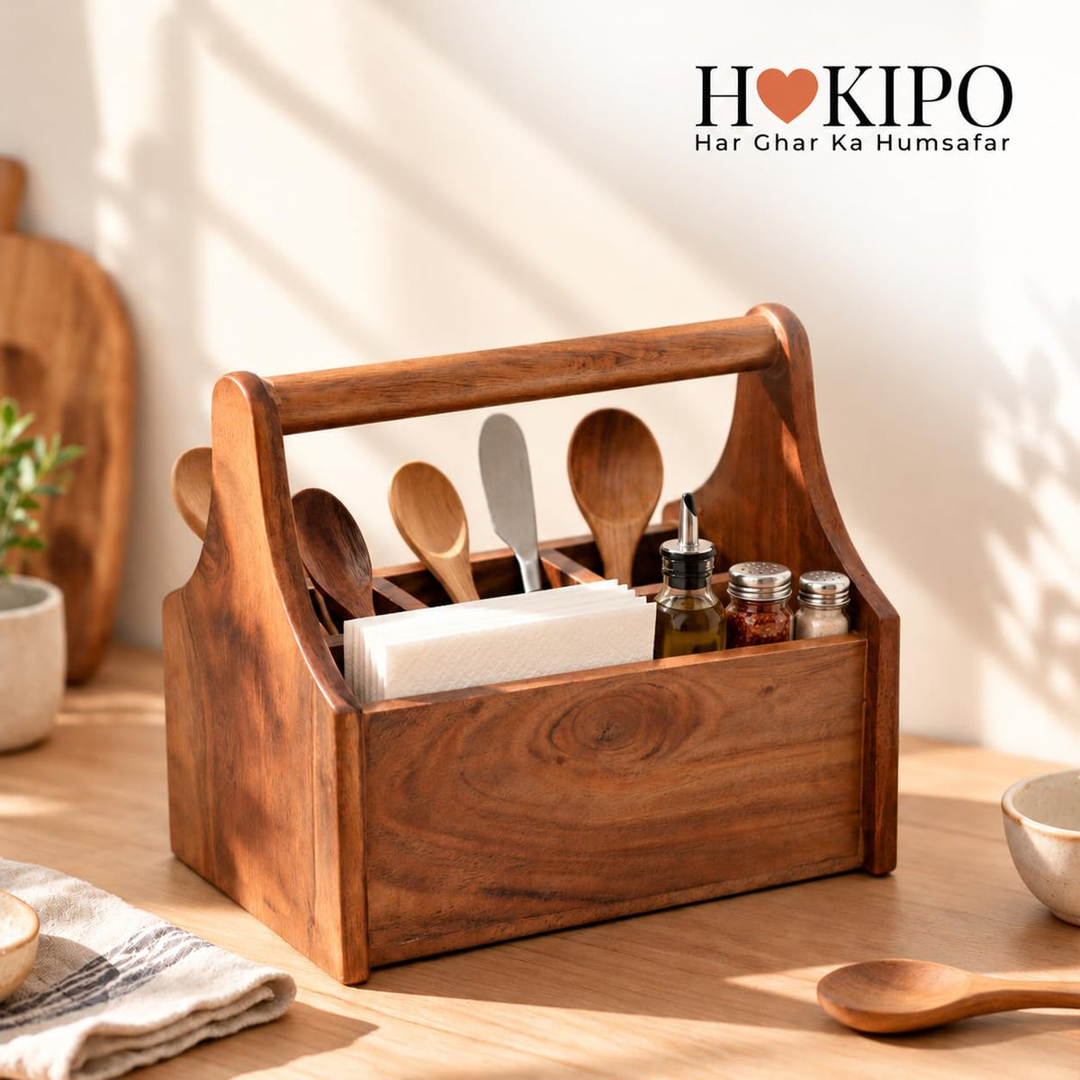 HOKIPO Arbor Acacia Wood Cutlery Caddy with Handle, 4 Compartment Organiser - image 8