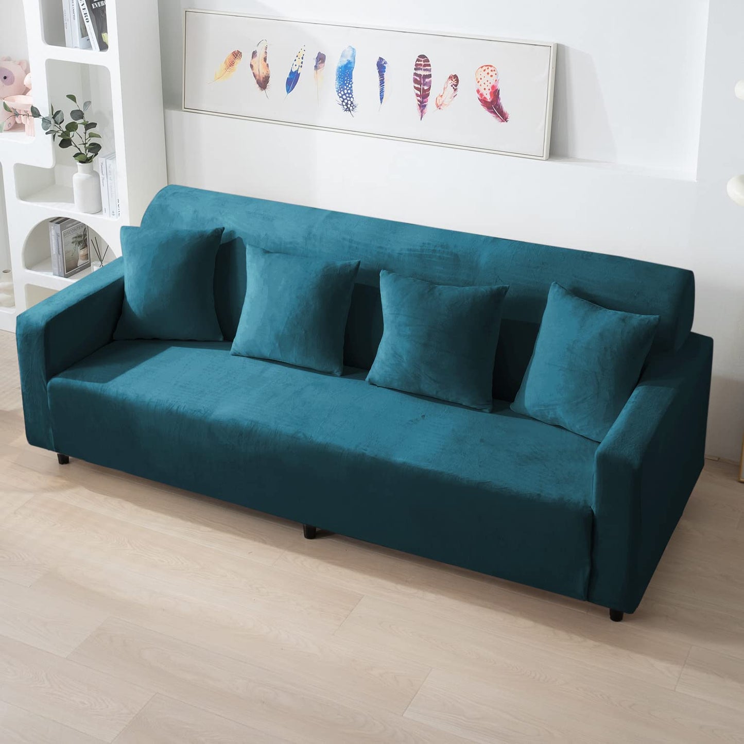 Peacock Blue 4 seater stretchable velvet sofa cover