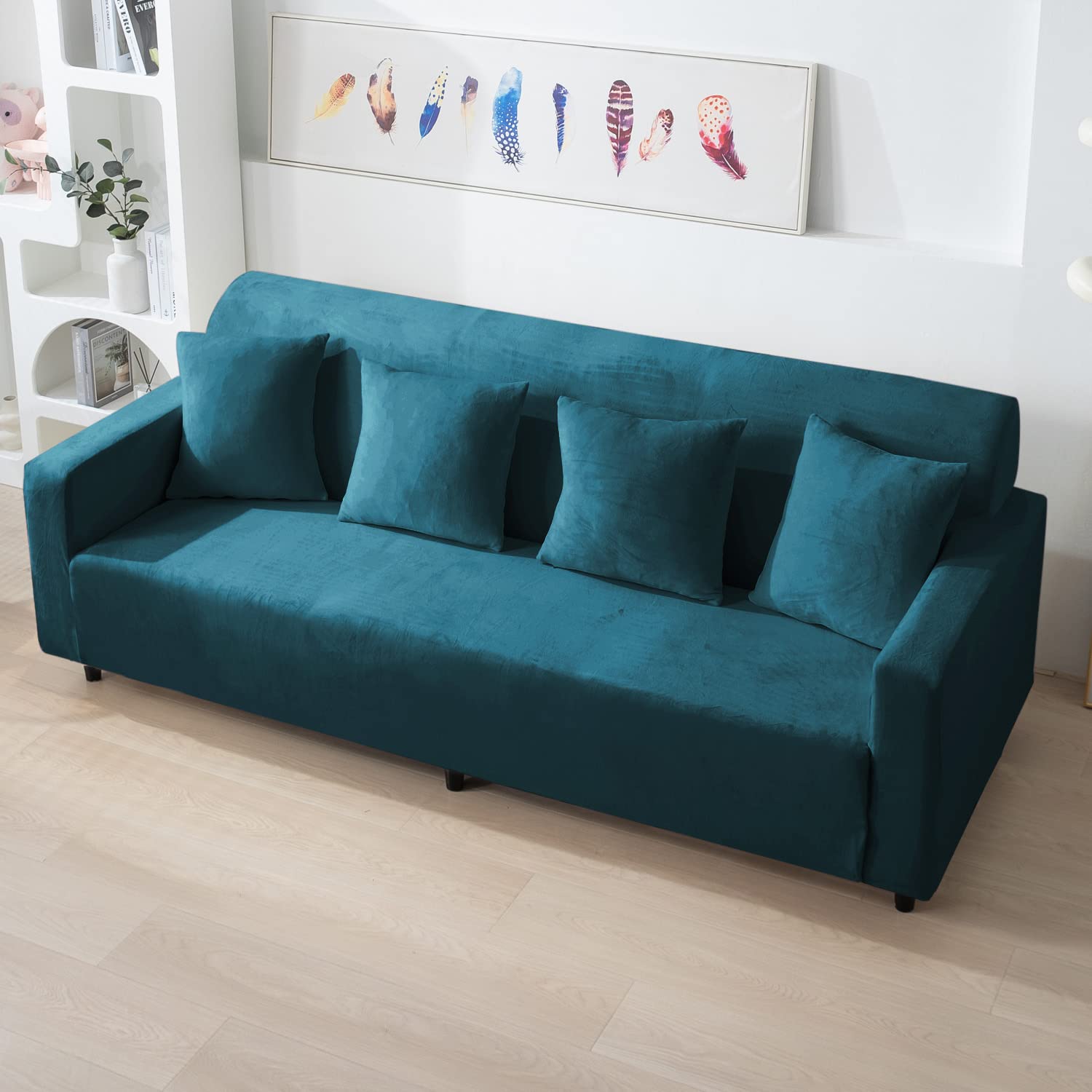 Peacock Blue 4 seater stretchable velvet sofa cover