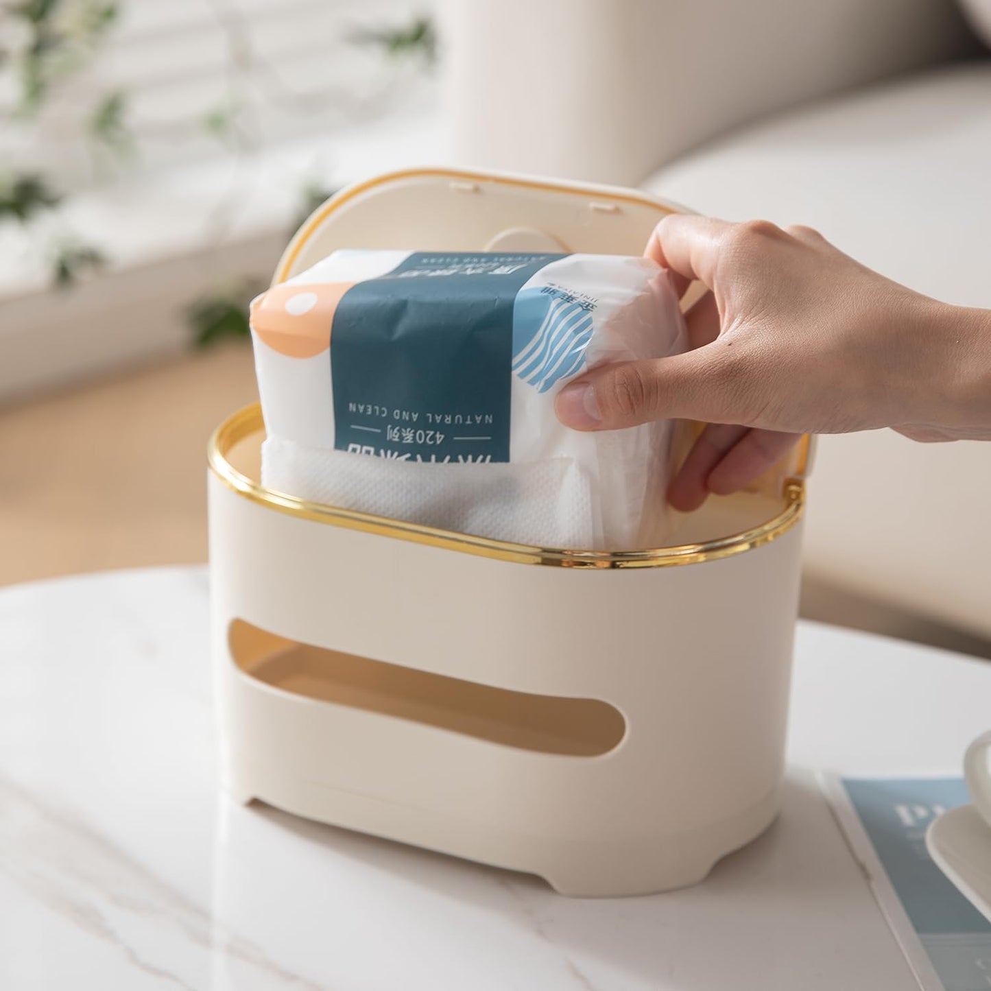 All-in-One Desktop Organizer with Tissue Holder, Phone Stand & Pen – Cream