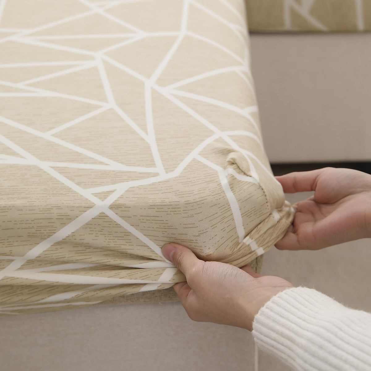 140 GSM Stretchable Printed Elastic Sofa Cushion Seat Cover for 1 /2 /3 Seaters / Pieces for Sofa, Beige Abstract Geometry