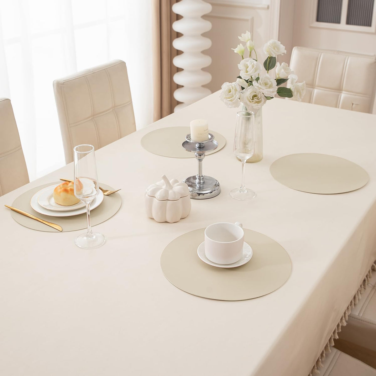 Premium Faux Leather Dining Table Round Mats, Cream