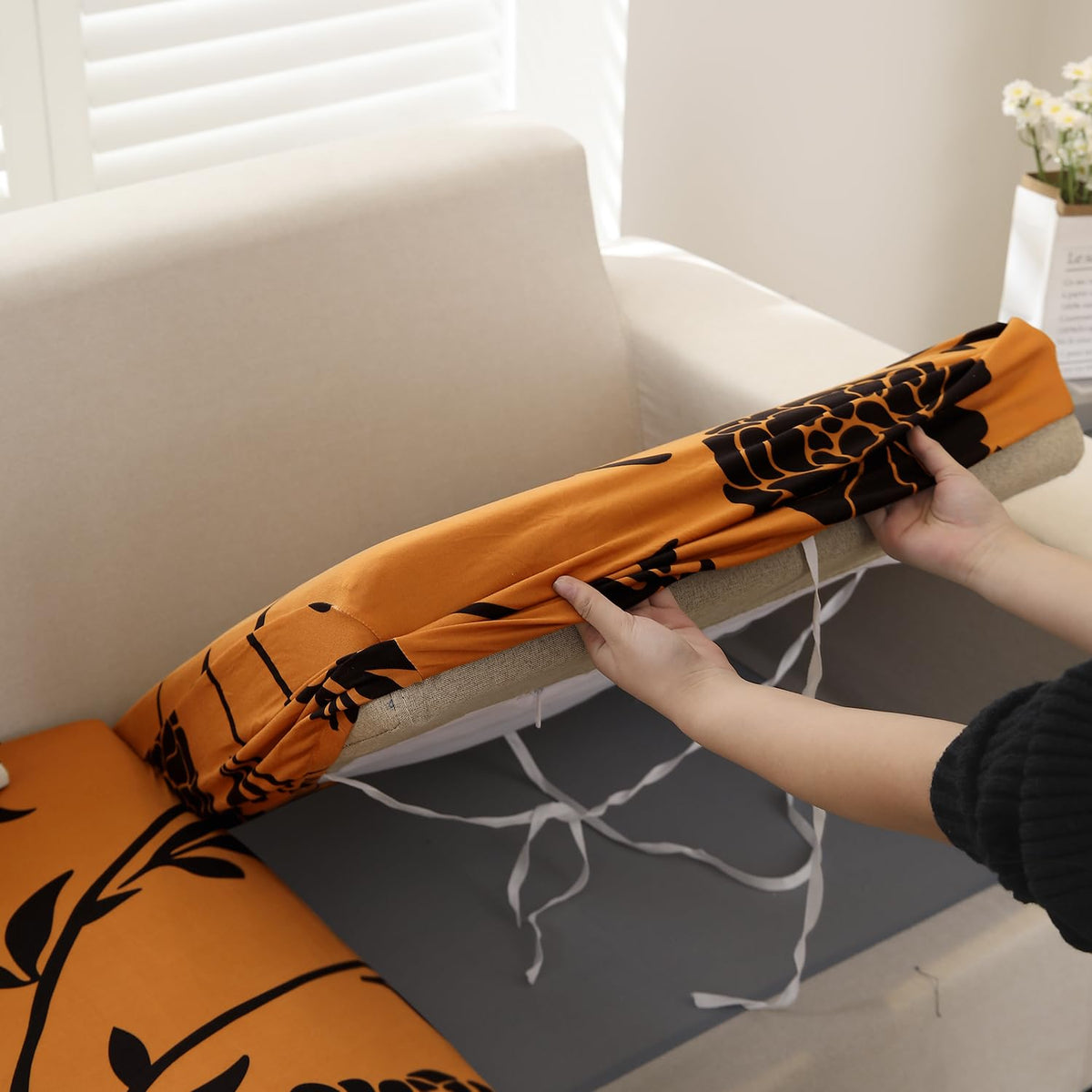 Stretchable 140gsm Printed Seat Couch Cushion Cover for 1/2/3 Seaters / Pieces for Sofa, Copper Brown Floral