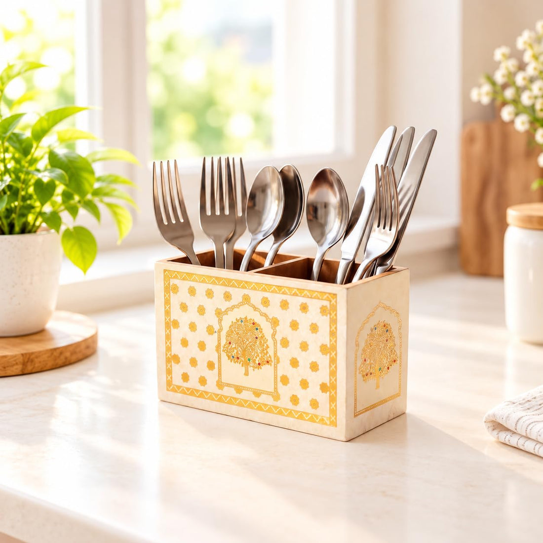 HOKIPO Cutlery Holder for Dining Table, Engineered Wood, Swarna Vriksha - image 1