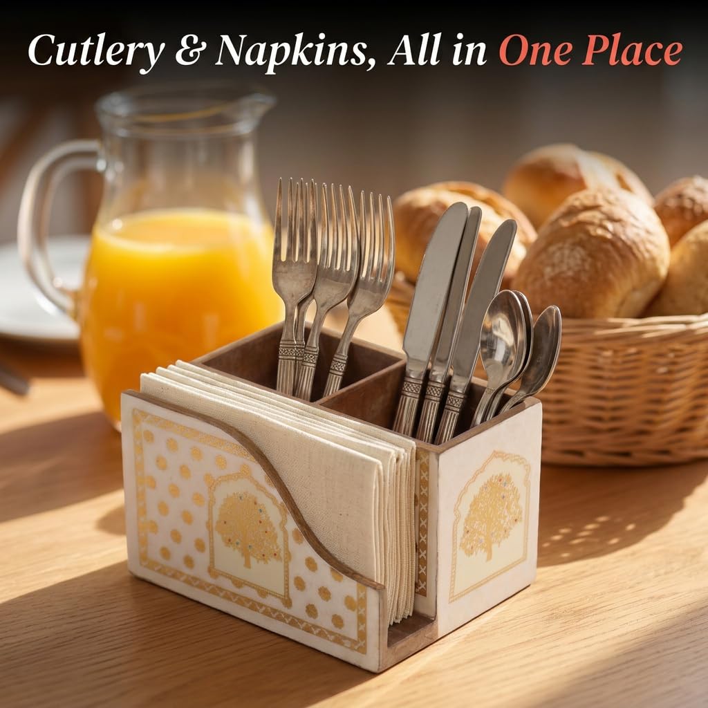 HOKIPO Cutlery Holder with Napkin Stand, Engineered Wood, Swarna Vriksha - image 7