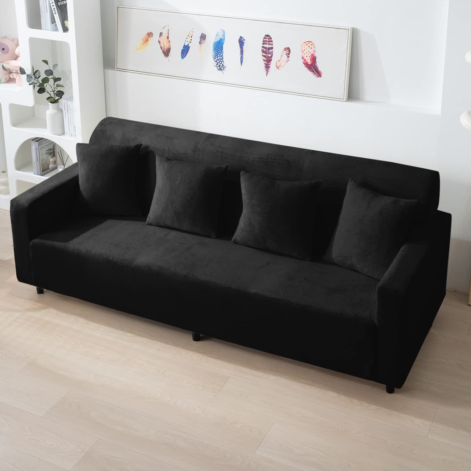 Black 4 seater stretchable velvet sofa cover