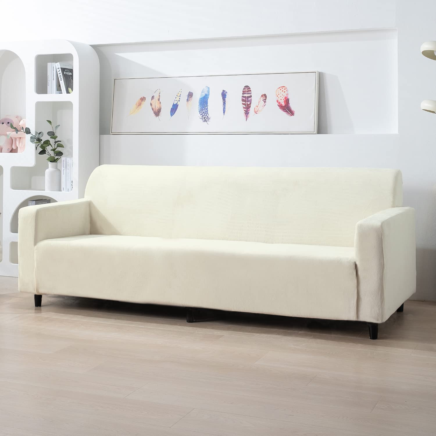 Beige 4 seater elastic velvet sofa cover