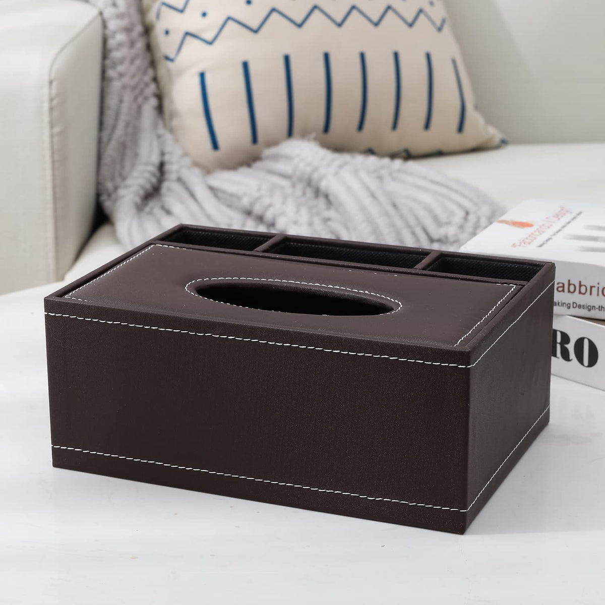 Buy compact faux leather tissue box in brown finish | Hokipo