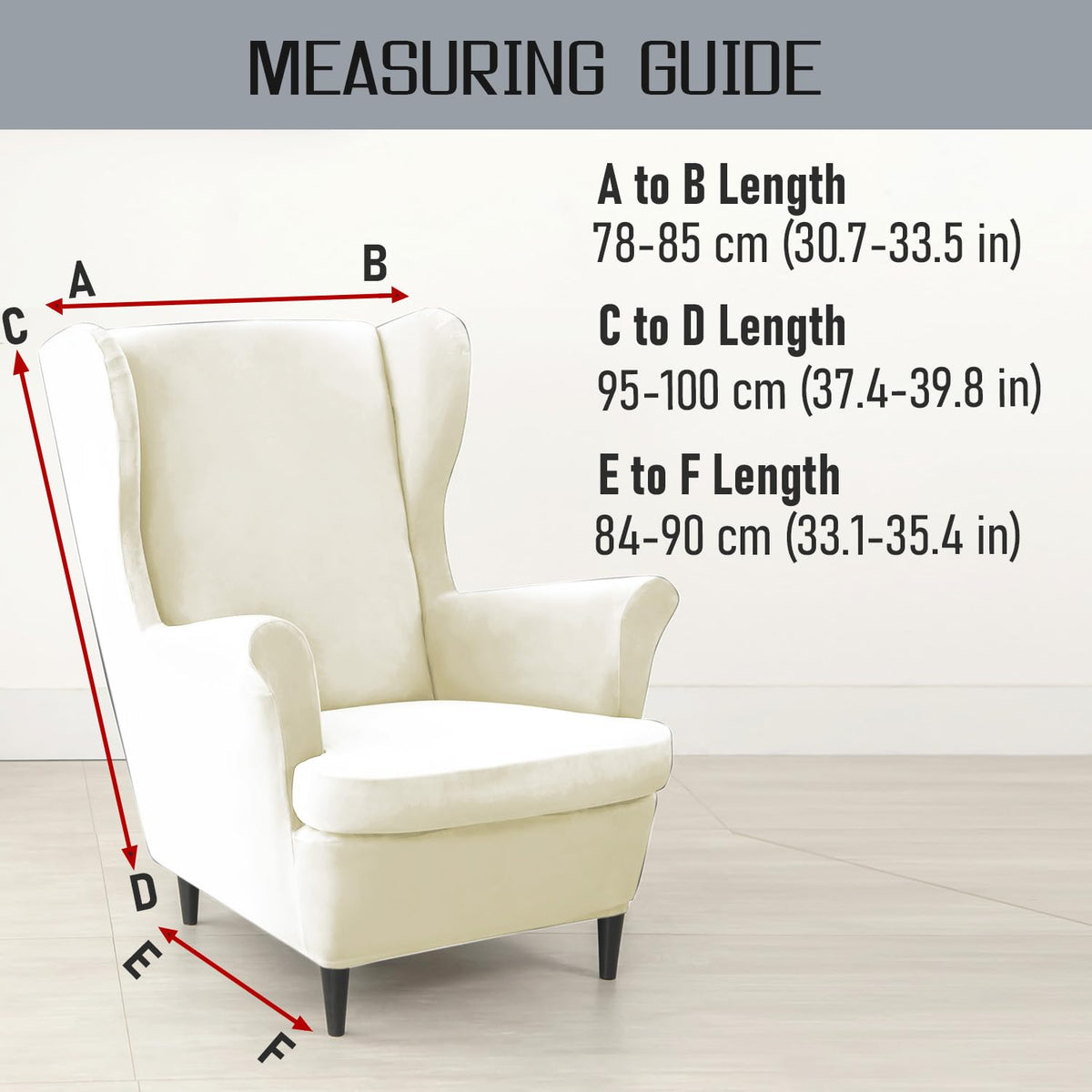 Size Guide for Beige Premium Velvet Chair Covers for Wingback Chairs