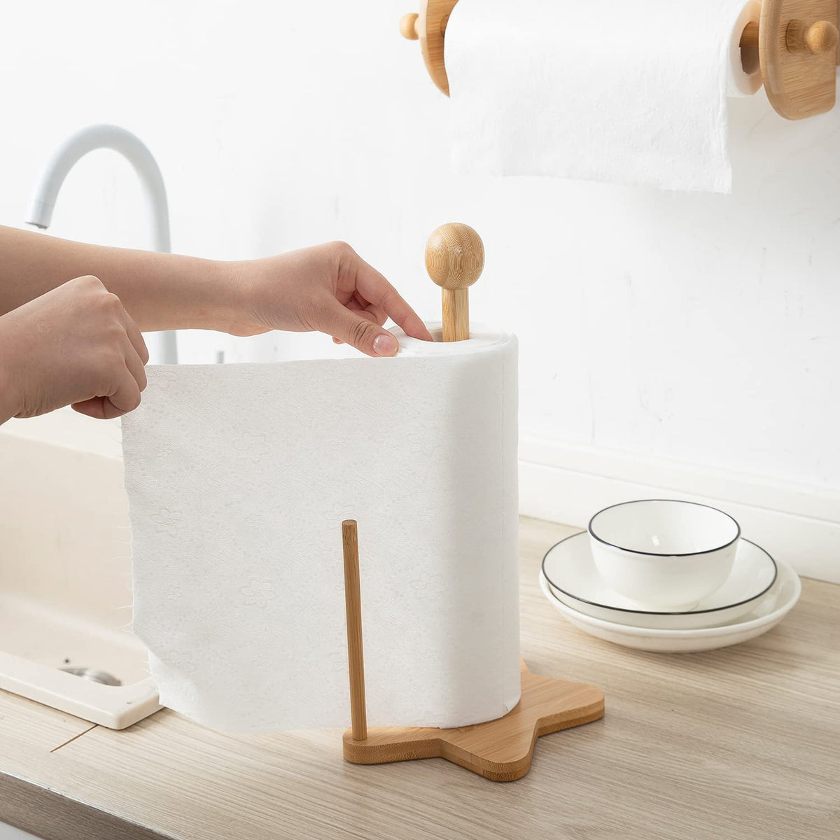 Bamboo Kitchen Tissue Roll Holder Paper Napkin Stand, 34x18x1.5 cm