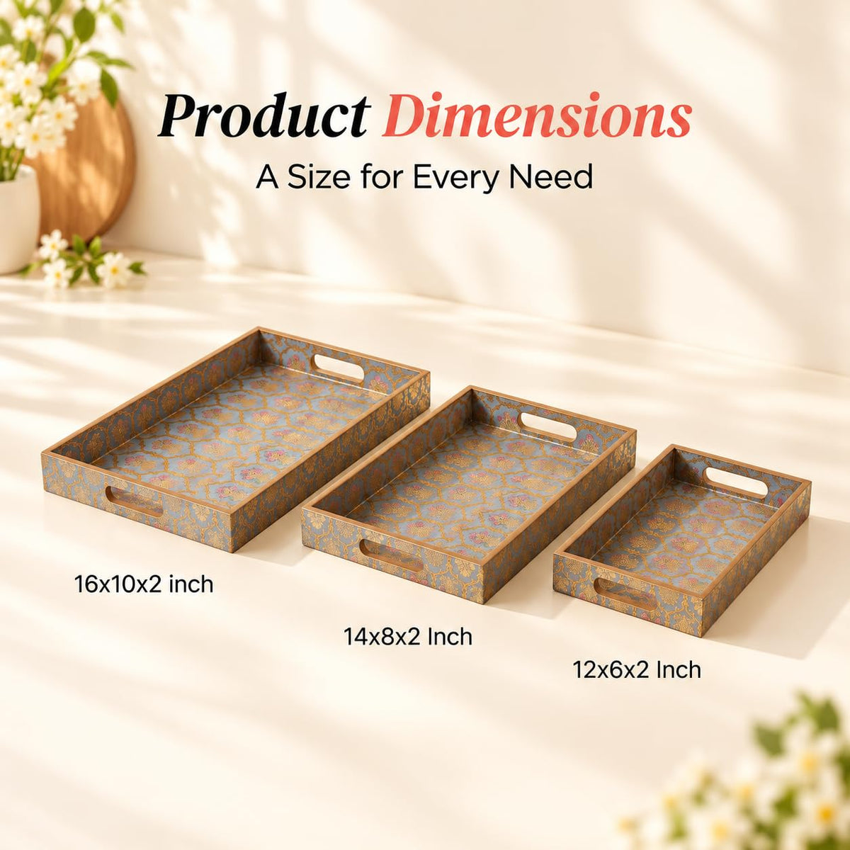 HOKIPO Serving Tray Set of 3, Engineered Wood, Shahi Gulnaar - image 6