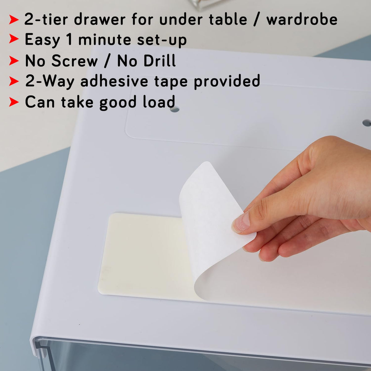 Drawer organiser for strong adhesive tape for easy table or wardrobe installation
