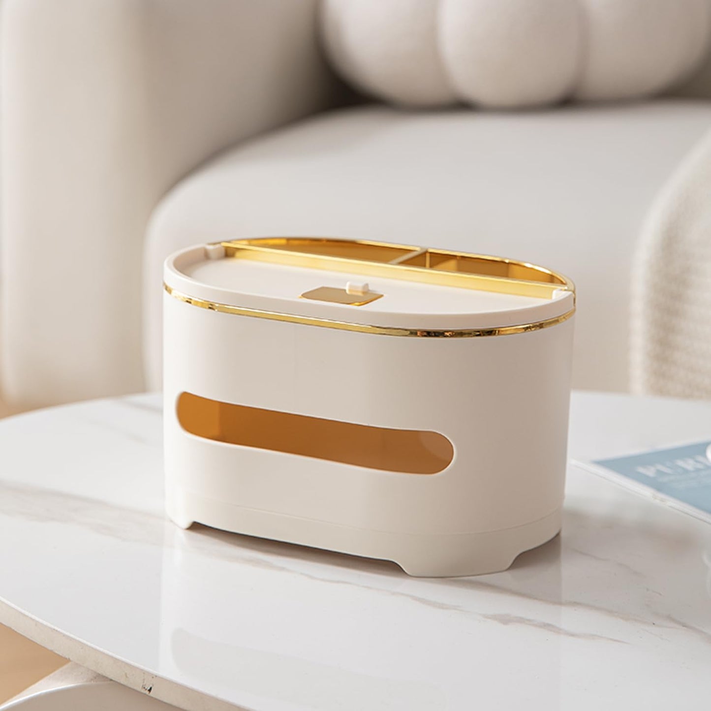 All-in-One Desktop Organizer with Tissue Holder, Phone Stand & Pen – Cream