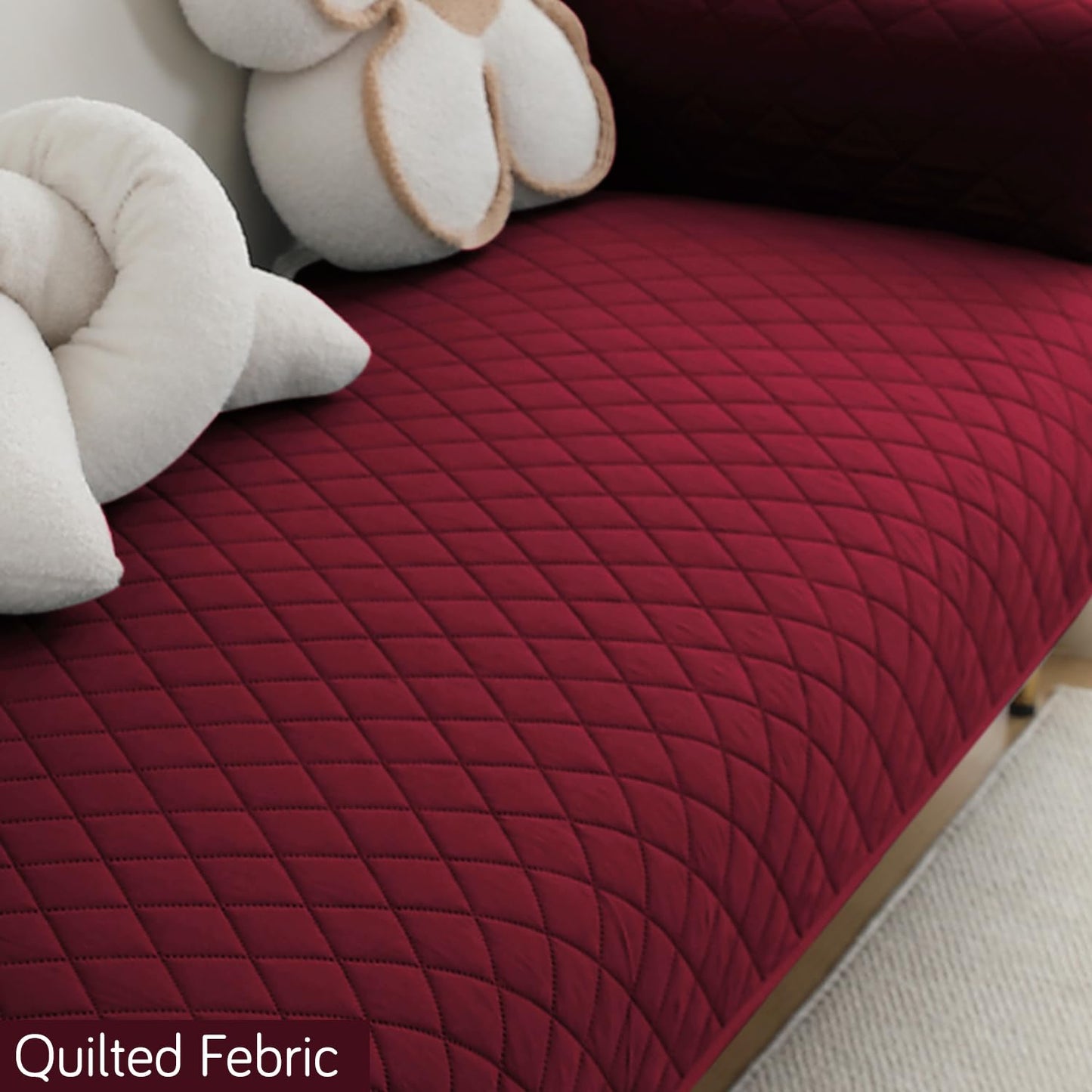 HOKIPO Quilted Waterproof Sofa Seat Mat with 2 Armrest Covers with Pockets, Burgundy
