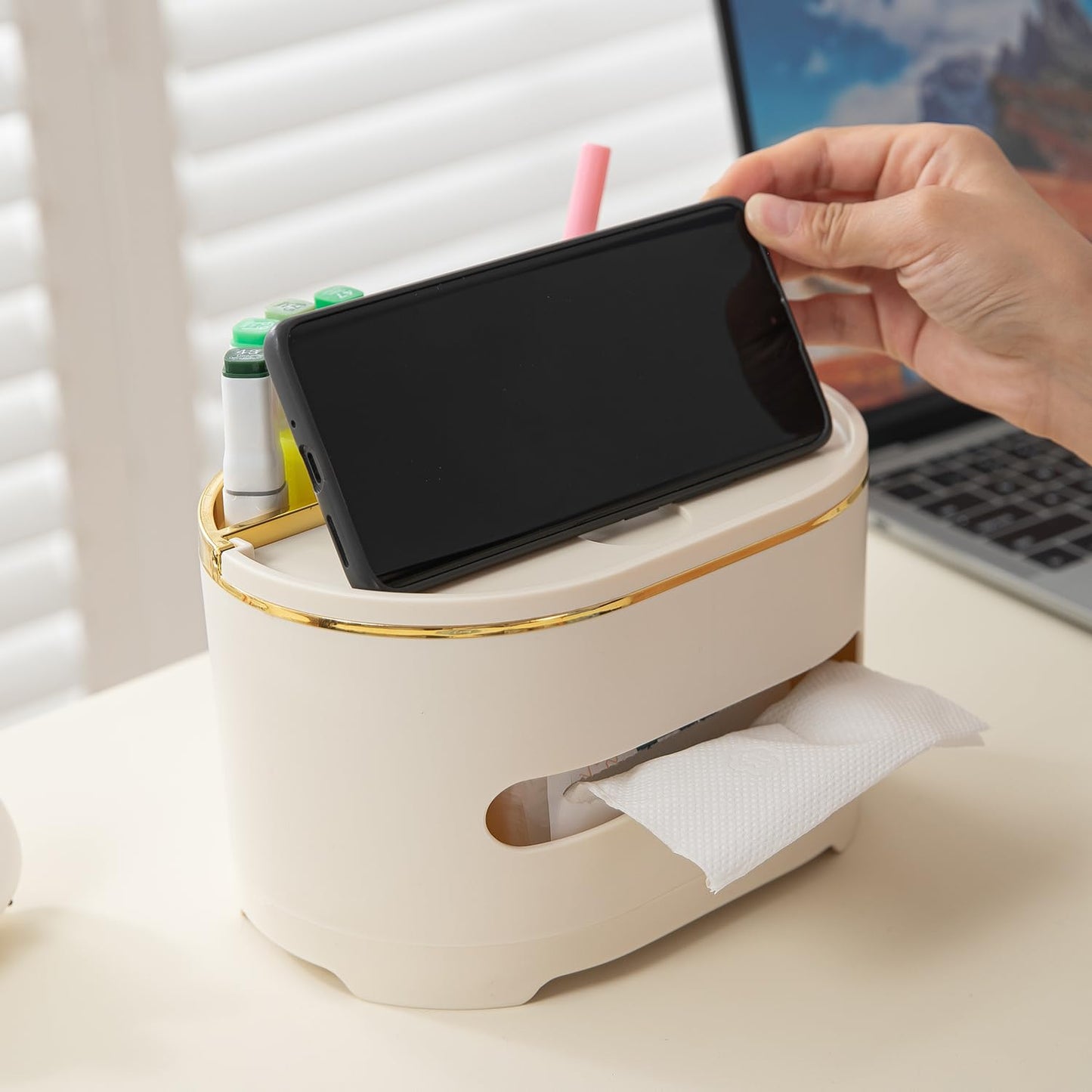 All-in-One Desktop Organizer with Tissue Holder, Phone Stand & Pen – Cream