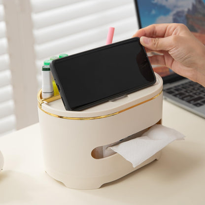 All-in-One Desktop Organizer with Tissue Holder, Phone Stand & Pen – Cream
