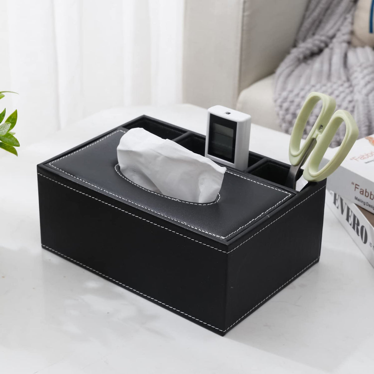 Black Faux Leather Tissue Holder With Remot & Phone Holder | HOKIPO