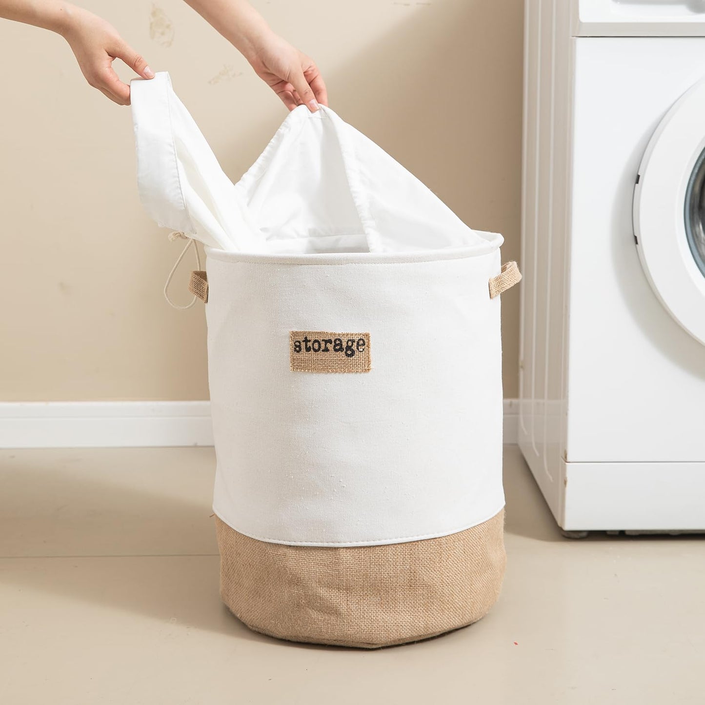 Round Collapsible Folding Laundry Basket for Clothes with Lid, White-Brown