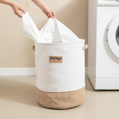 Round Collapsible Folding Laundry Basket for Clothes with Lid, White-Brown