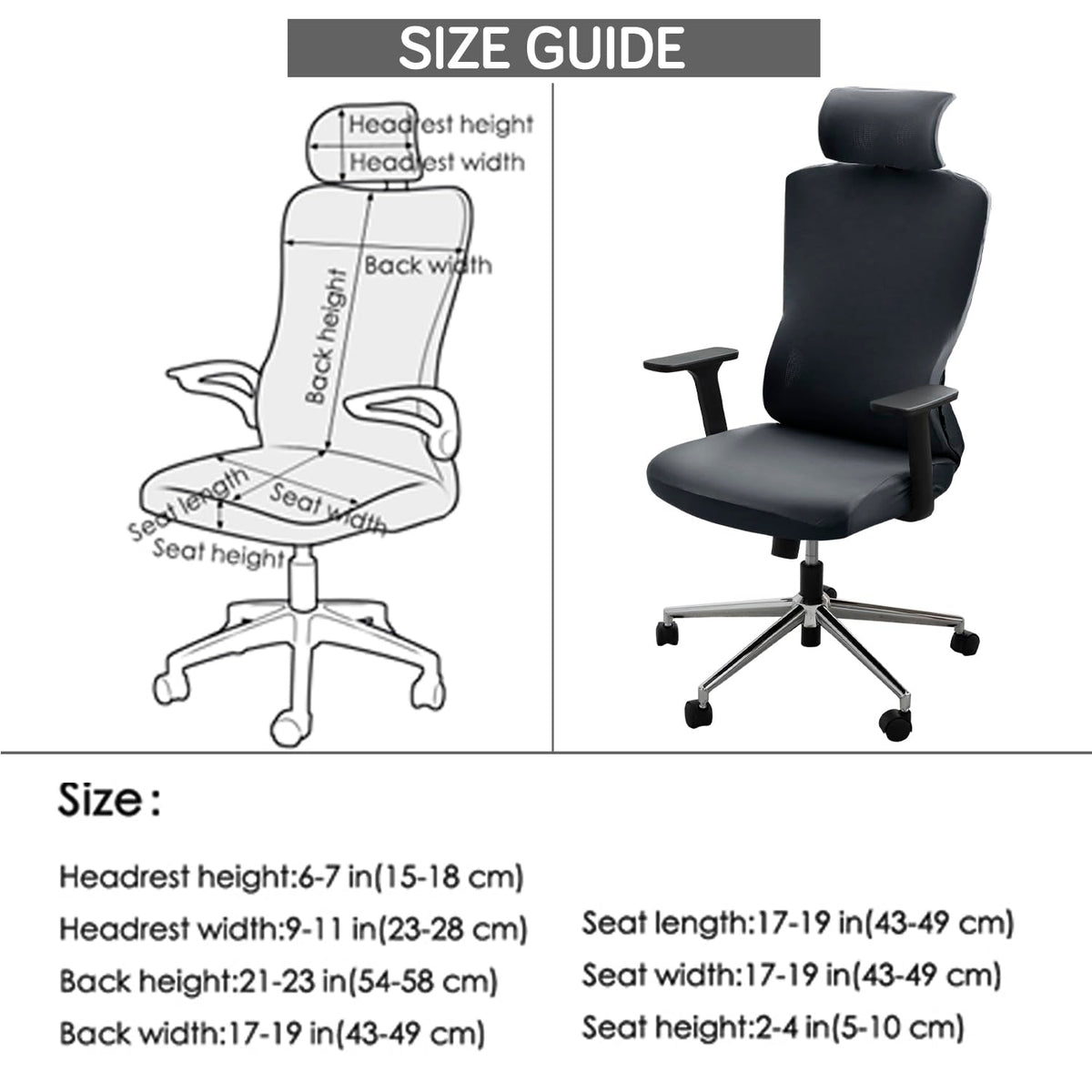 Office Chair Cover with Headrest (High-Back) – 140 GSM Stretch Fabric – Washable, Anti-Slip Fit for Ergonomic Mesh Office Chairs, Grey