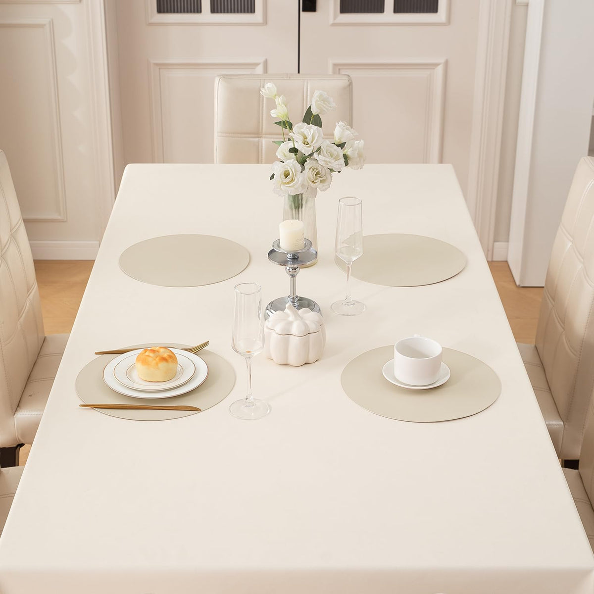 Premium Faux Leather Dining Table Round Mats, Cream
