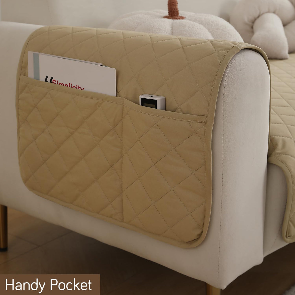 Quilted Waterproof Sofa Seat Mat for 1/2/3 Seater Sofa with 2 Armrest Covers with Pockets, Beige