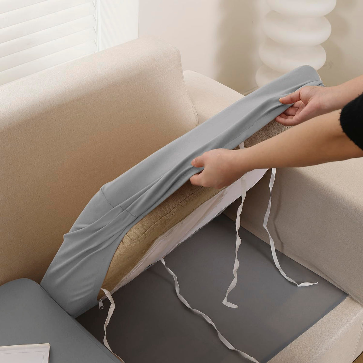100% Waterproof Stretchable Seat Couch Cushion Cover for 1/2/3 Seater, Light Grey