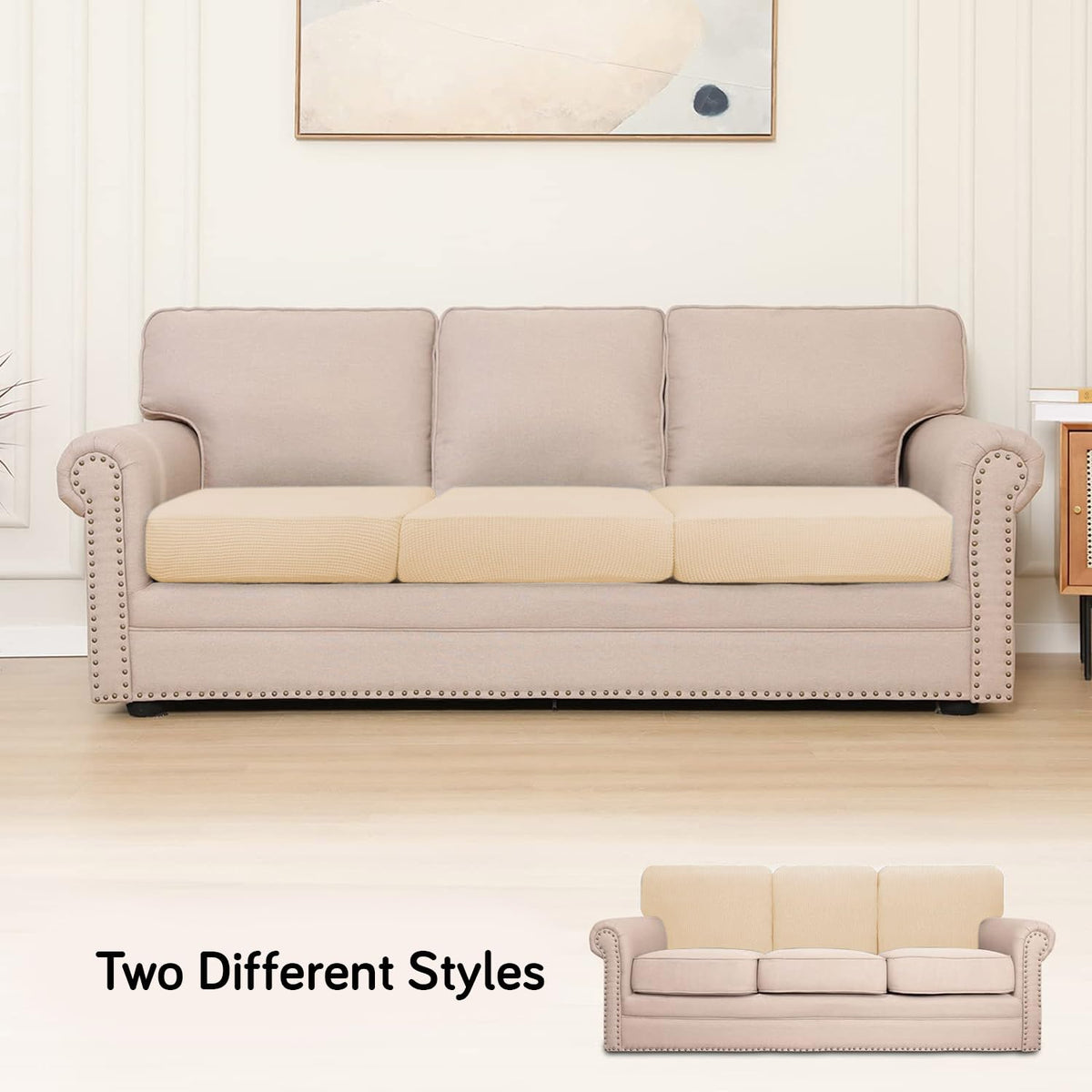 Stretchable Thick Jacquard Textured Seat Cushion Cover for 1/2/3 Seaters / Pieces for Sofa, Beige