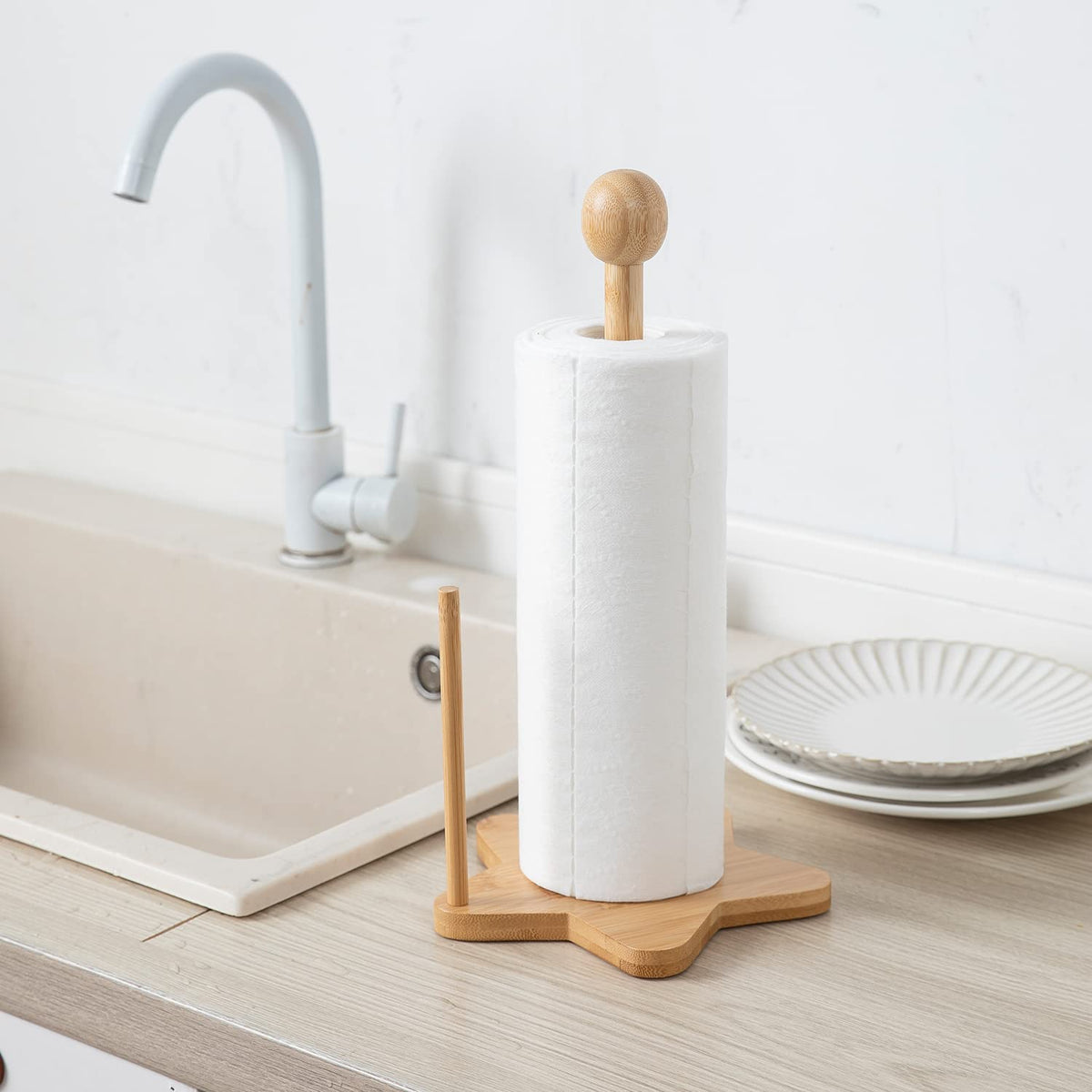 Bamboo Kitchen Tissue Roll Holder Paper Napkin Stand, 34x18x1.5 cm