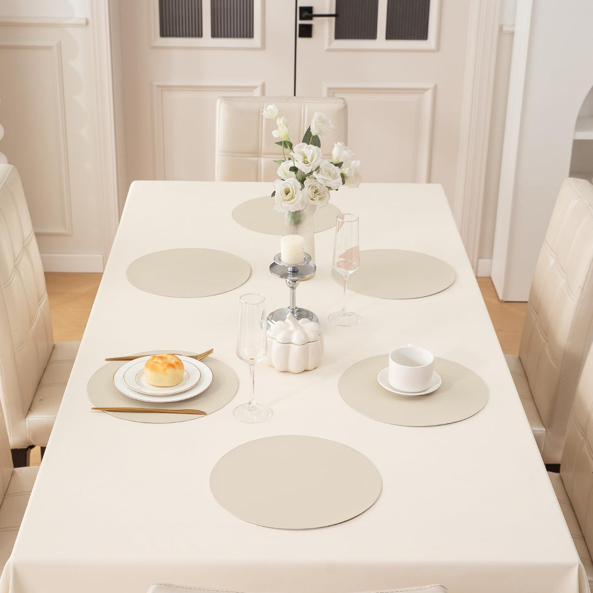 Premium Faux Leather Dining Table Round Mats, Cream