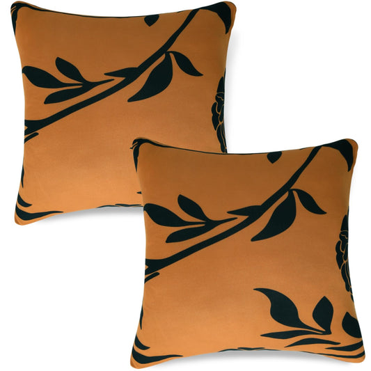 HOKIPO Stretchable Pack of 2 Cushion Cover 16x16 inch, Copper Brown Floral