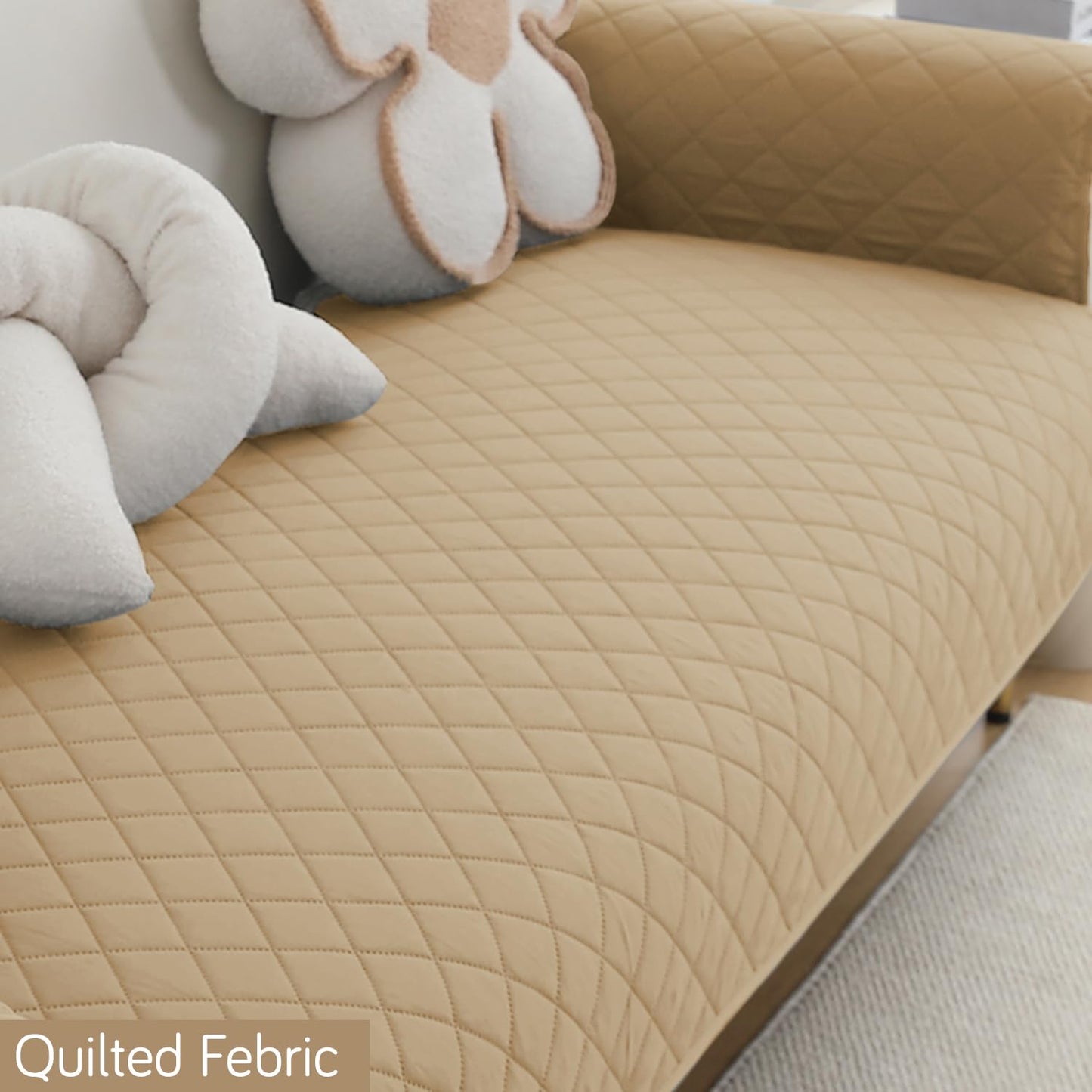 HOKIPO Quilted Waterproof Sofa Seat Mat with 2 Armrest Covers with Pockets, Camel
