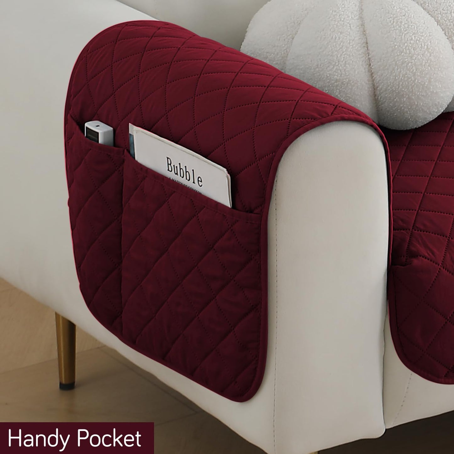 HOKIPO Quilted Waterproof Sofa Seat Mat with 2 Armrest Covers with Pockets, Burgundy