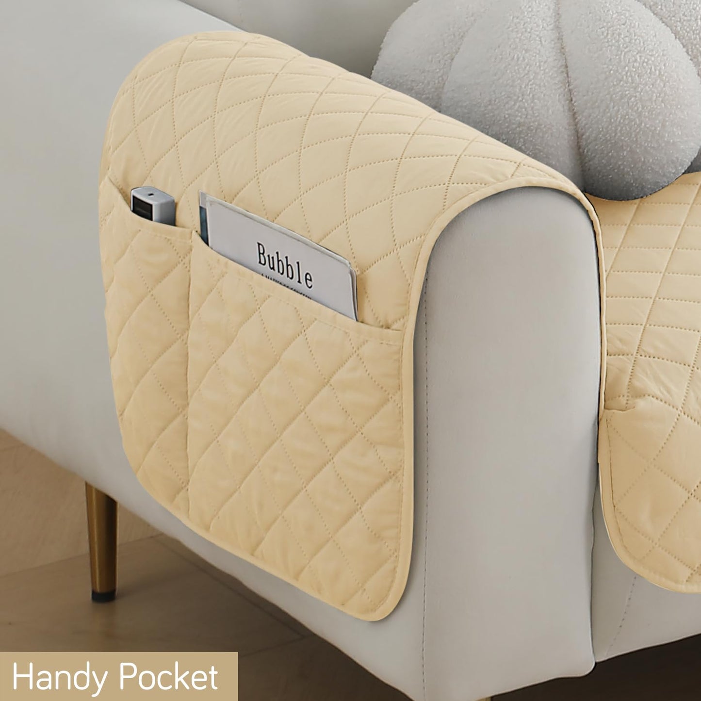 HOKIPO Quilted Waterproof Sofa Seat Mat with 2 Armrest Covers with Pockets, Beige
