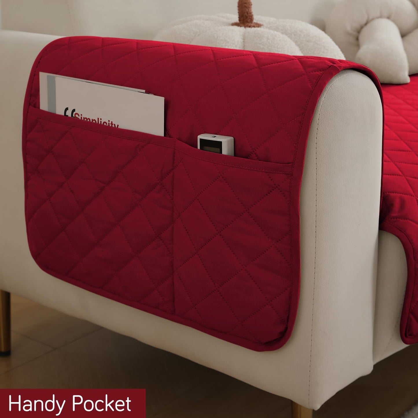 HOKIPO Quilted Waterproof Sofa Seat Mat for 1/2/3 Seater Sofa with 2 Armrest Covers with Pockets, Red
