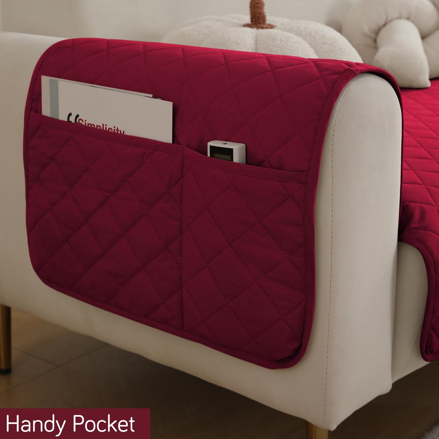 HOKIPO Quilted Waterproof Sofa Seat Mat for 1/2/3 Seater Sofa with 2 Armrest Covers with Pockets, Maroon
