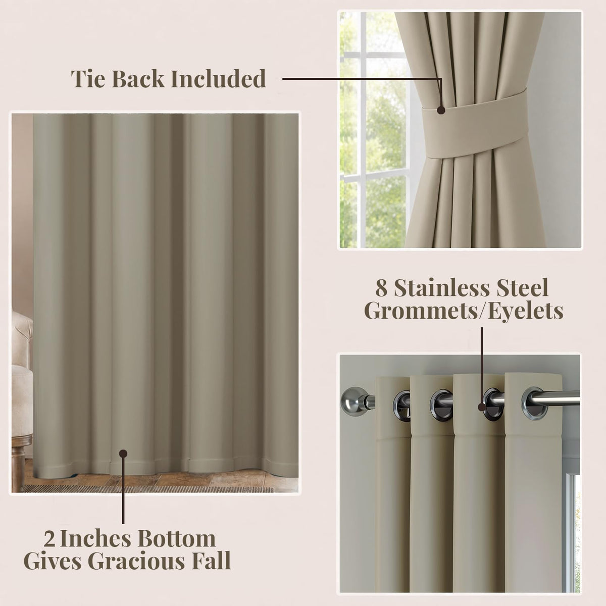 HOKIPO Midnight True Blackout Curtains, 7 Feet Long - Taupe - image 3