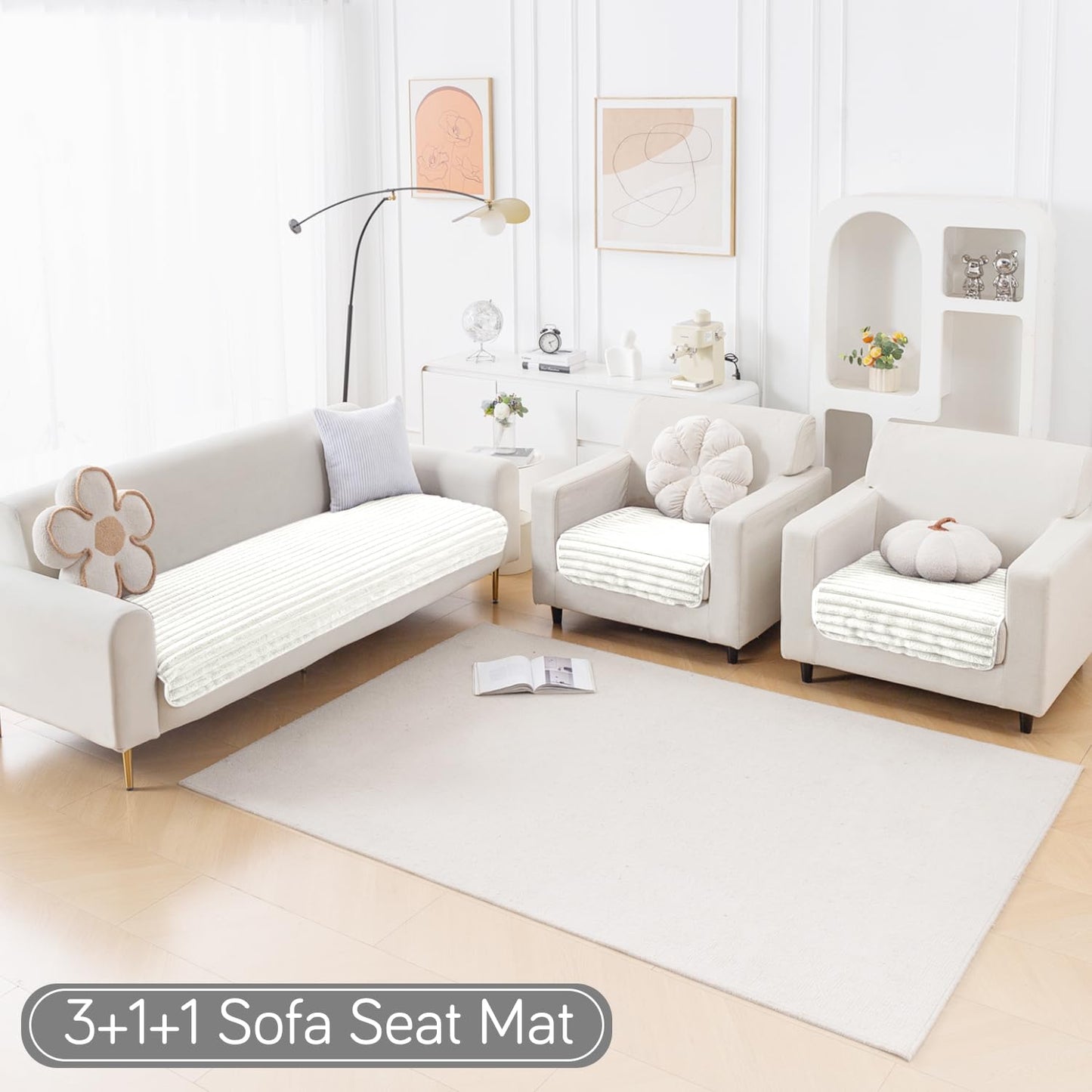 Faux Rabbit Fur Sofa Cover Combination Set, 'Snuggle Fur Series' Pearl White