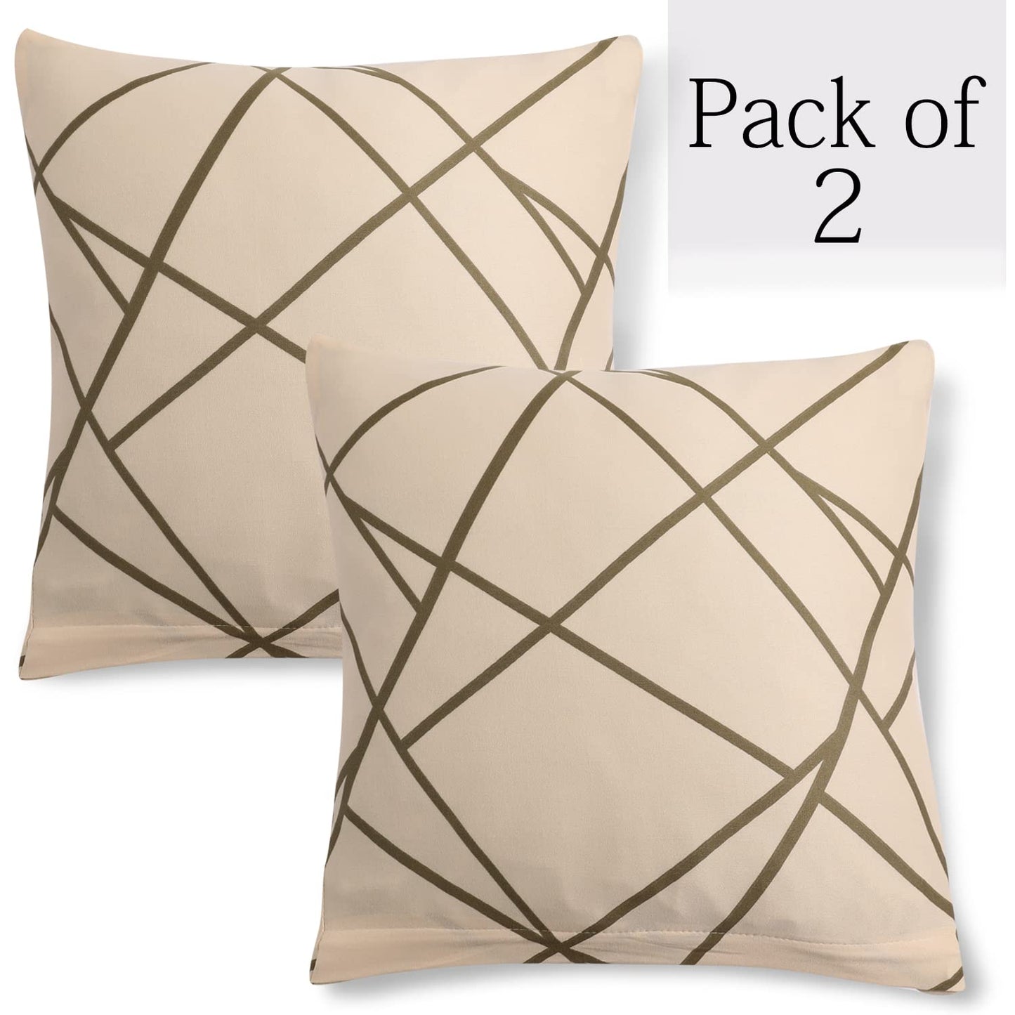 HOKIPO Stretchable Pack of 2 Cushion Cover 16x16, Beige Abstract Line