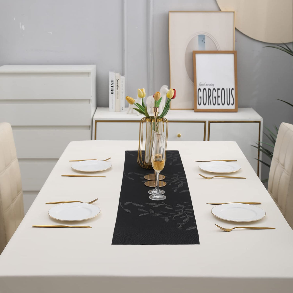 Buy Black Leaves Colour PVC Dining Table Runner for 4 Seater Tables | HOKIPO