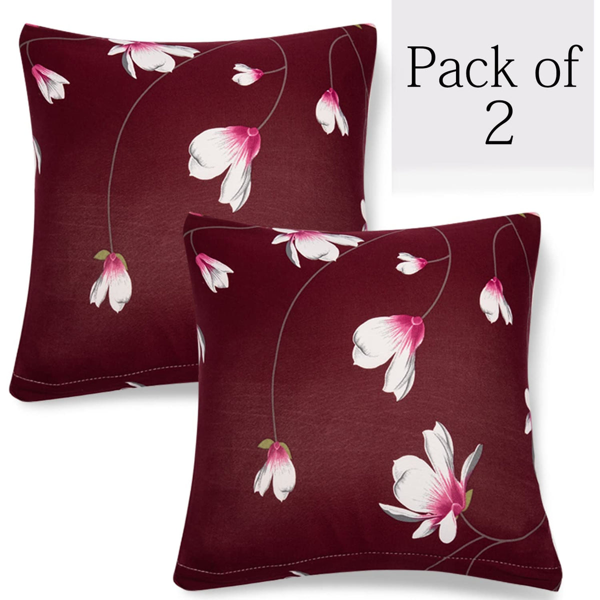 Wine Red Flowers Print 16 by 16 zippered square sofa cushion covers Set of 2