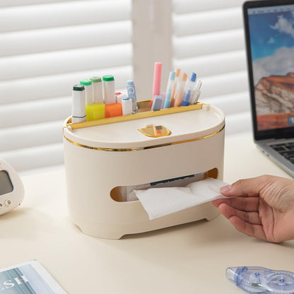 All-in-One Desktop Organizer with Tissue Holder, Phone Stand & Pen – Cream
