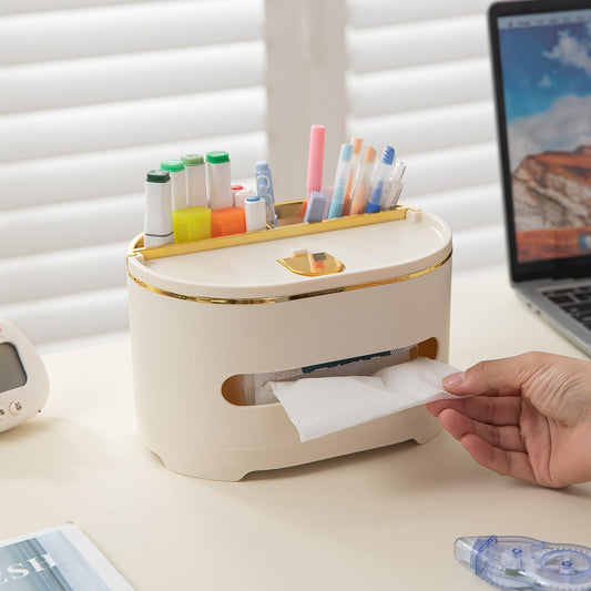 All-in-One Desktop Organizer with Tissue Holder, Phone Stand & Pen – Cream