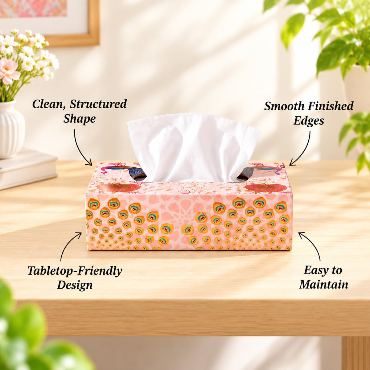 HOKIPO Tissue Box Holder, Rectangle, Engineered Wood, Gulabi Mayurvan - image 6