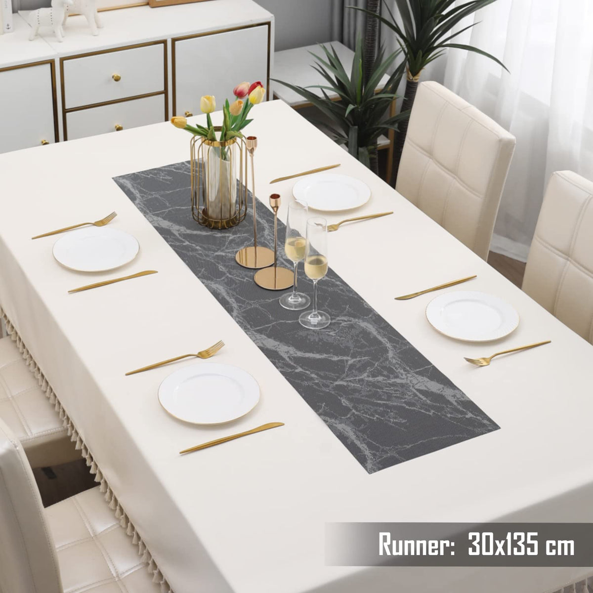 Buy Abstract Black Colour PVC Table Runner for 4 Seater (30x135cm) | HOKIPO